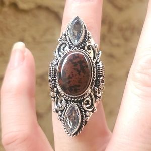 New Mahogany Obsidian & White Topaz 925 Silver Carved Elephant Statement Ring.